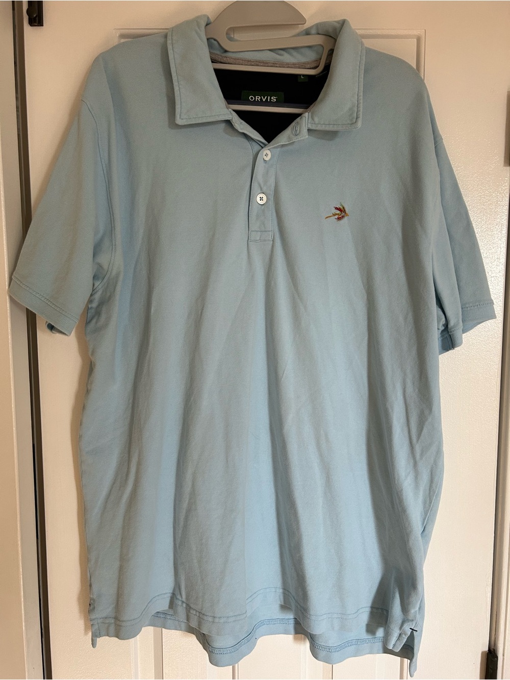 Orvis Pale Blue Pique Men’s Polo with Embroidered Fly Fish Logo